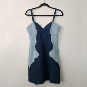 Understated Leather Cotton Denim Two Tone Back Zip Mini Dress XS